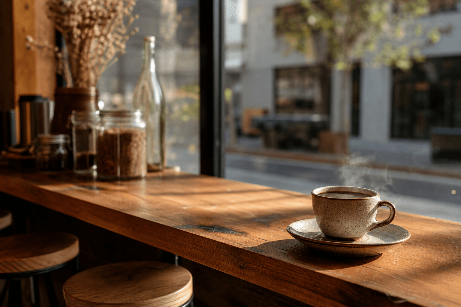 Warm cafe light across a wood counter